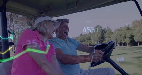 Laughing couple in pink blue polo shirts driving golf cart along fairway, with trees, data overlay