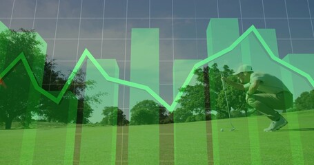 Golfer in golf attire lining up putt on green, with putter, ball, financial overlays, copy space