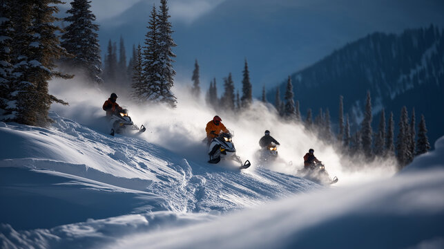 Four snowmobilers race through deep backcountry powder on powerful mountain sleds creating huge rooster tails executing dramatic high marking maneuvers up steep slopes in Rocky
