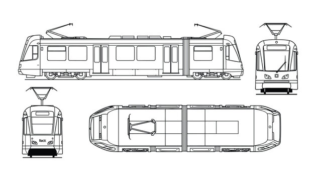 Detailed vector illustration: modern city tramway, front and side views