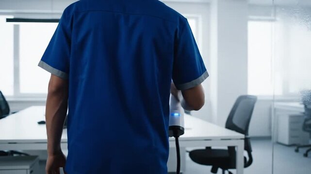 Professional Cleaner Disinfecting Office Space with Sprayer.