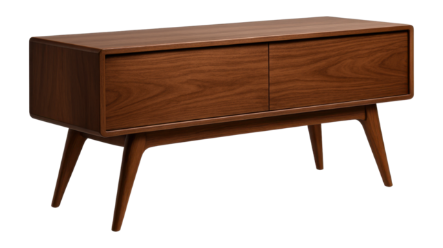 Mid-century modern TV console with splayed legs and walnut veneer, perfect for retro decor.