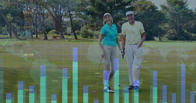 Standing couple wearing caps holding putters on green near bench with bar and line graph overlay