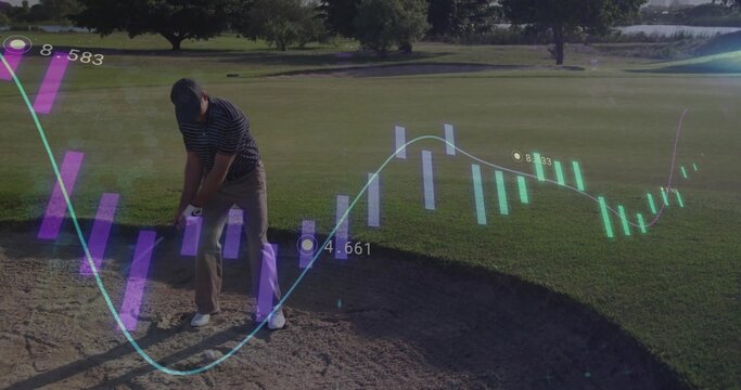 Swinging middle aged male golfer hitting golf ball from sand bunker, with translucent data overlays