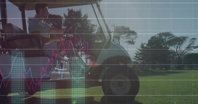 Driving golfer wearing polo shirt, shorts on fairway in golf cart, with data graphs and trees
