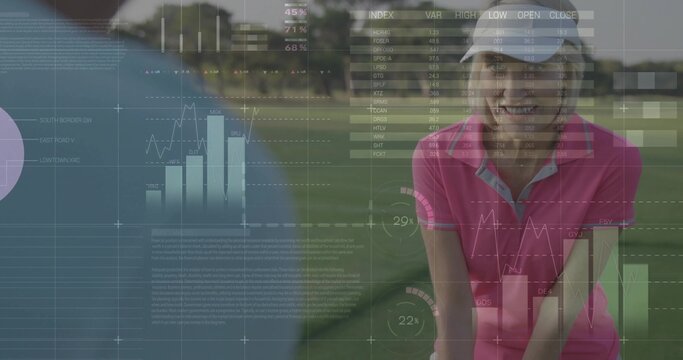 Leaning golfer in pink polo and cap adjusting golf club on fairway, data overlays, copy space