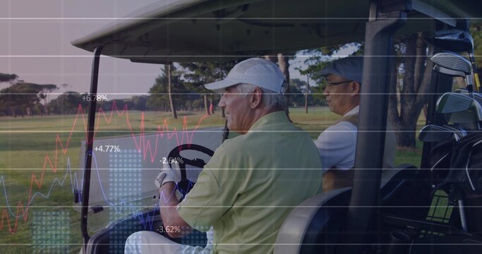Driving golf cart on fairway, golfers wearing golf attire with golf clubs and line chart overlays