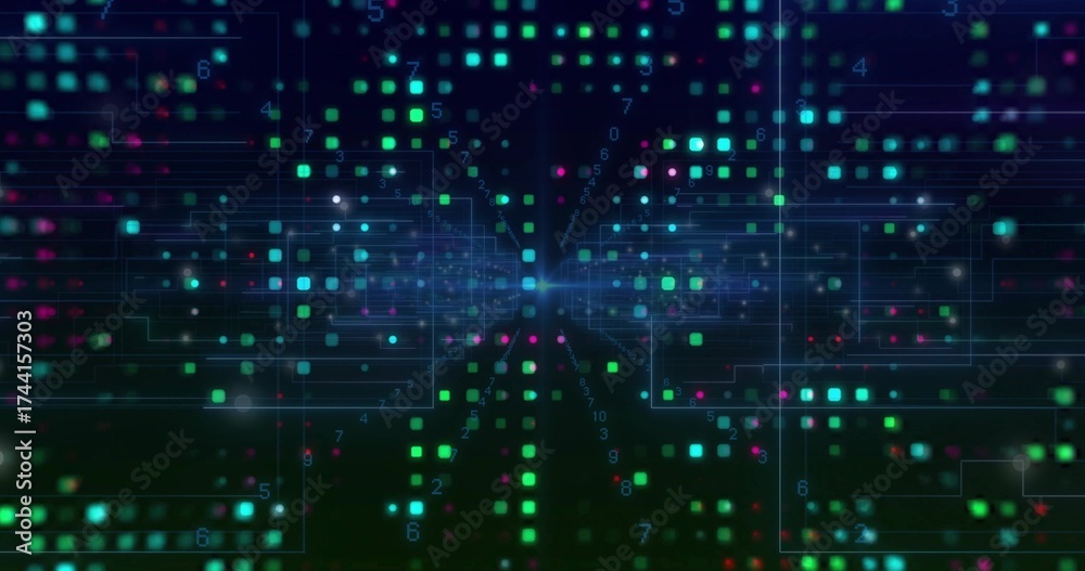Wall mural digital grid receding toward center in dark network with glowing squares, circuit lines and digits
