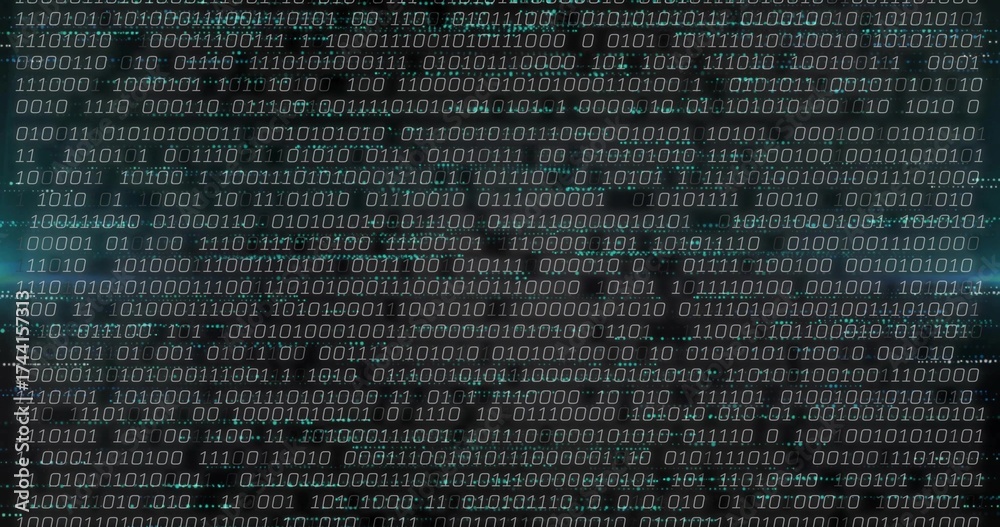 Wall mural displaying binary code streams scrolling across dark digital display, with alphanumeric characters