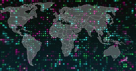 Displaying world map in digital dashboard, with map outlines green cyan magenta neon data nodes