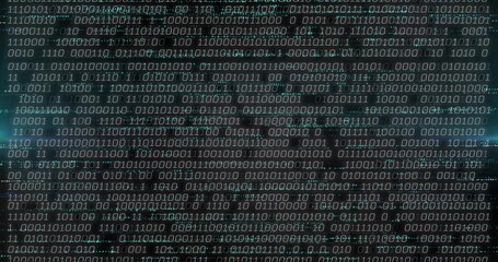 Displaying binary code streams scrolling across dark digital display, with alphanumeric characters