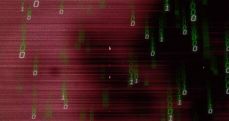 Streaming digital glitch across cyber interface, with green binary code and red glitch lines