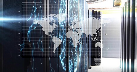 Showing digital grid and world map overlaying data center aisle with server racks and cabling
