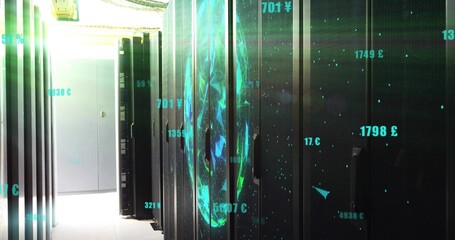 Projecting holographic globe above server racks in data center corridor with floating money labels