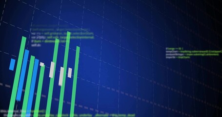 Finance dashboard showing green or blue bars and white candlesticks on navy grid with code, copy spa