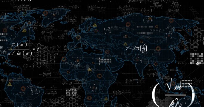 Displaying world map outline hovering over grid, with equations, pixel clusters and data icons