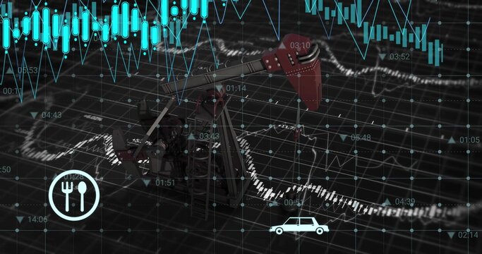 Displaying pump jack on digital chart, showing teal candlestick bars, fork-and-knife, car icons