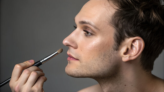 Young man applying makeup with brush on face in soft natural light concept of male beauty diversity gender expression and modern skincare aesthetics