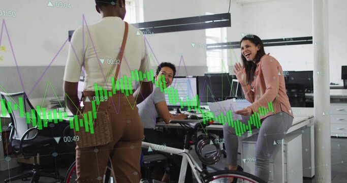 Discussing market trends three women analyzing candlestick line charts in office with wheelchair