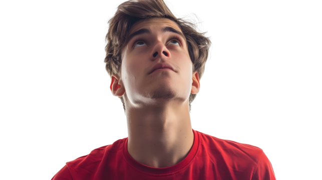 AI Image of a young man gazes upwards with curiosity and wonder against a dark expanse portraying