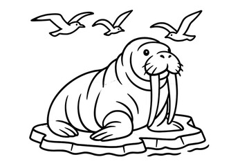 Walrus on Ice. Arctic wildlife coloring page: walrus with giant tusks resting on ice, sea gulls flying above, black and white