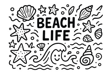 Beach Life Doodle. Doodle beach life with seashells, starfish, and happy waves in black and white isolated transparent background
