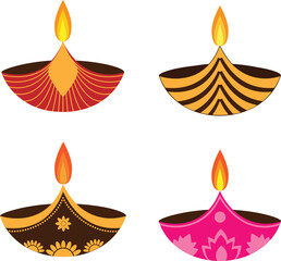 set of 4 Diwali Diya decorative, perfect for Diwali, Deepavali, or Indian festival designs. Ideal for use in greeting cards, posters, invitations, banners, and festive social media graphics