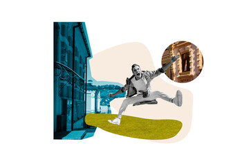 Creative collage picture young crazy man jump scream environment city town sightseeings excursion tourist drawing background