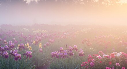 Champ iris brumeux soleil levant douceur pastel. AI Generated