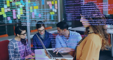 Collaborating four coworkers analyzing code in office lounge, with laptops and holographic overlay
