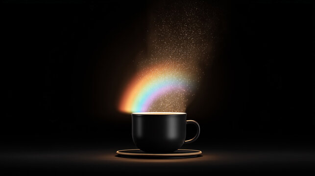 Black coffee cup with glowing rainbow steam on black background
