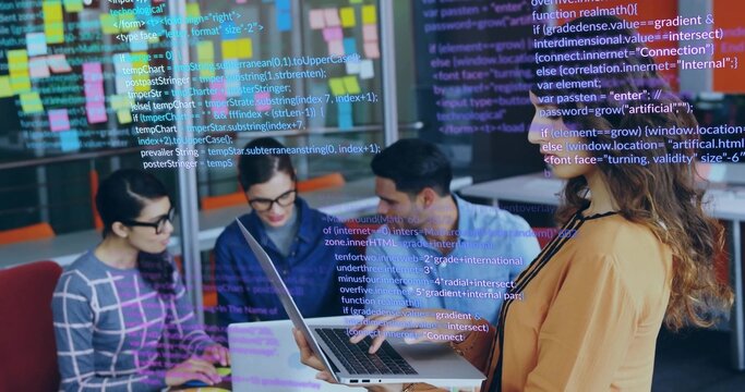 Collaborating four coworkers analyzing code in office lounge, with laptops and holographic overlay