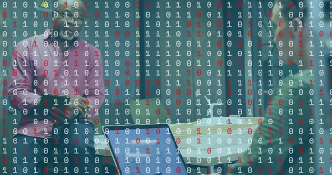 Standing colleagues holding tablet and smartphone in office meeting room, with binary code overlay