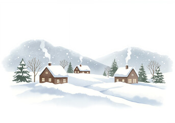 Snowy village houses surrounded by mountains and trees in winter  