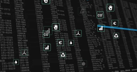 Displaying network of floating CO2, euro, recycling icons in virtual dashboard with blue lines