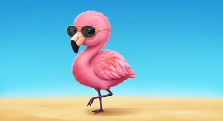 Flamand rose mignon lunettes soleil plage dessin anime vif couleurs. AI Generated