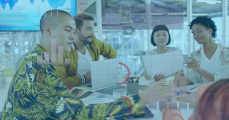 Six coworkers reviewing charts on laptops in open-plan office, with data visualization overlays
