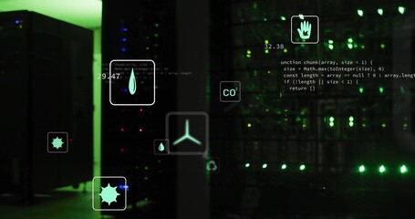 Monitoring server racks emitting green LED in data center with holographic icons and scrolling code
