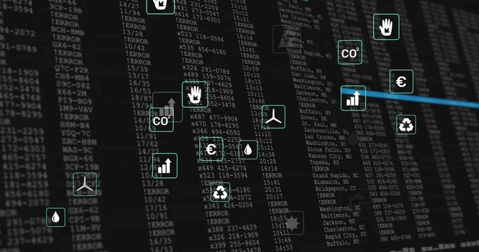 Displaying network of floating CO2, euro, recycling icons in virtual dashboard with blue lines
