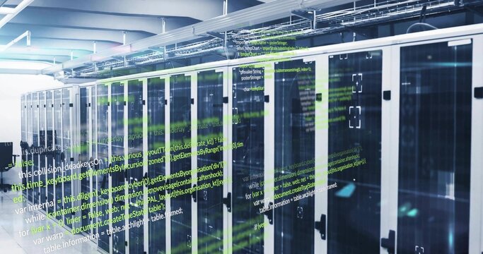 Displaying server racks with glass doors under fluorescent lights in data center, with code overlay - Powered by Adobe