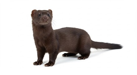 Vison brun �l�gant pose sur fond blanc lumi�re douce. AI Generated