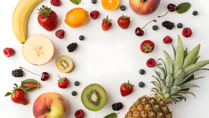 Assortment of fresh tropical and summer fruits arranged in a circle on white background perfect for healthy lifestyle concepts, food blogs and diet design templates