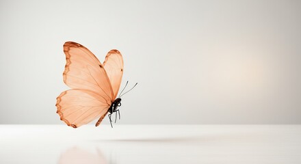 Papillon rose pale vole doucement lumiere douce fond blanc. AI Generated