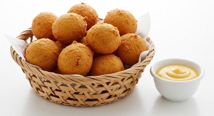 Boules dor�es app�tissantes panier sauce onctueuse lumi�re naturelle. AI Generated