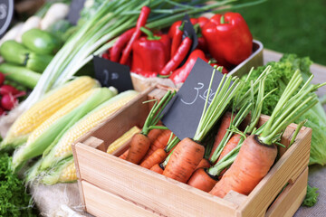 Many different vegetables on stall at farmer's market, closeup