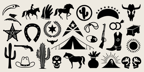 Collection of western and cowboy silhouette icons and symbols for design