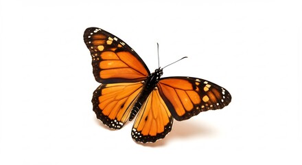 Papillon monarque orange vole gracieusement fond blanc lumiere douce. AI Generated