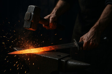 Closeup of blacksmith hands forging glowing hot sword on anvil with hammer in dark workshop