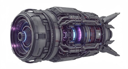 Moteur futuriste puissant eclairage violet intense details complexes rendu 3D. AI Generated