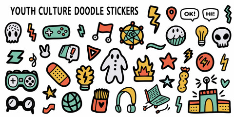 Collection of colorful hand drawn doodle stickers representing youth culture and modern icons